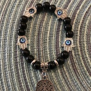 Hamsa Hand, black beaded bracelet